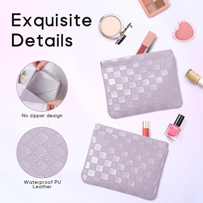 Sightor 2PCS Pocket Cosmetic Bag for Purse, Checkered Makeup Bag Portable Leather Cosmetic Bag for Women, Coin Purse Lipstick Cosmetic Accessories Organizer Travel Cosmetic Pouch (Pink, Purple, L)
