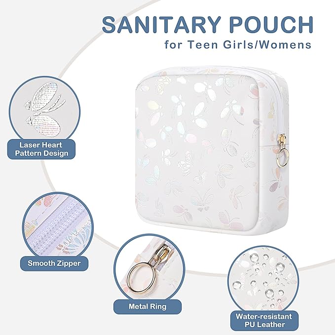 Period Bag Pouch, Leather Sanitary Napkin Storage Bag for Girls Womens, Portable Sanitary Napkin Period Pad Pouch Bag for Purse, Small Make Up Bags(Pink Butterflies)