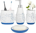 Beach Theme Bathroom Accessory Sets 4PCs Bathroom Set Complete Embossed Seashell Starfish Design Includes Lotion Dispenser Toothbrush Holder Tumbler Cup & Soal Dish
