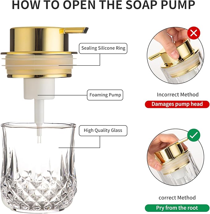 Foaming Soap Dispenser, Bathroom Hand Foam Soap Dispensers for Gold Pump,Glass Refillable Dish Soap Dispenser,Modern Home Soap Dispenser for Bathroom,Kitchen(Clear/Gold Poam Pump)