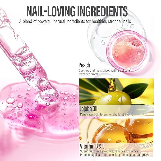 CHUCHU Nail Cuticle Oil Strengthener - Peach Scent Repair Growth Moisturizing Treatment - Natural Jojoba Vitamin B & E for Dry Cracked Nails