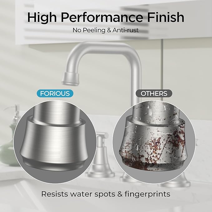 FORIOUS Brushed Nickel Bathroom Faucet 3 Hole with Dual Handles, 8 Inch Widespread Faucet for Bathroom Sink with Pop Up Drain Assembly and Water Suplly Hoses, RV Vantiy Farmhouse Ready