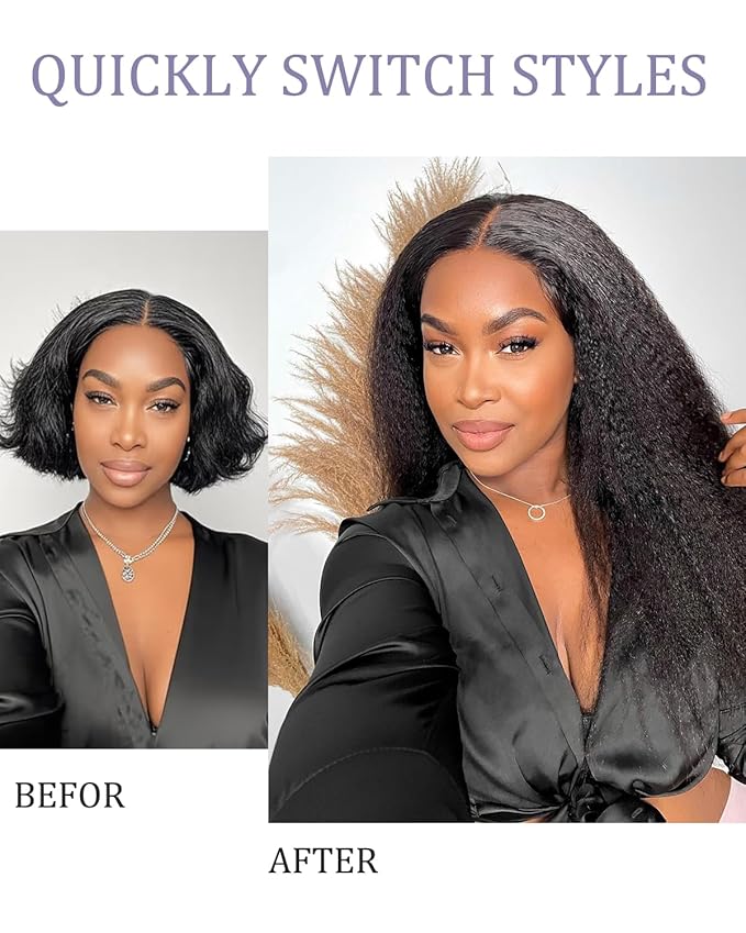 200% Density V Part Wigs Human Hair with Drawstring Kinky Straight Upgrade U Part Human Hair Wigs for Women Glueless Clip in Half Wigs Human Hair Magic Leave out 270g 18inch #1B Natural Black