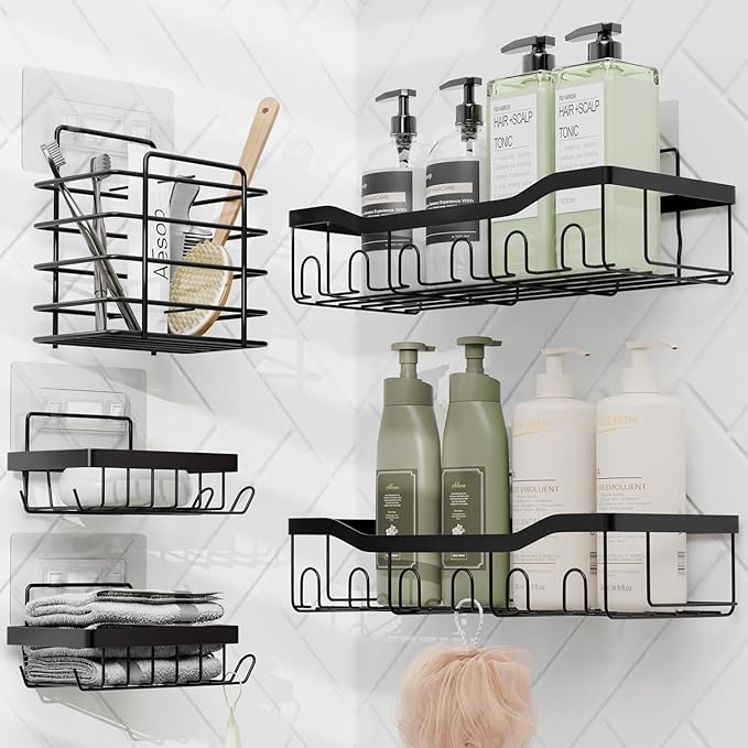 Clara Clark Bathroom Accessories Set - Bathroom Set with Adhesive Corner Shower Caddy Hanging, 25PC Bathroom Accessory Set, Teal Shower Curtain Set, Toilet Brush, Trash Can & Soap Dispenser