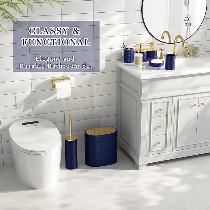 Bathroom Set, 10PC Bathroom Accessory Set, Blue Bathroom Accessories, Navy Blue and Gold Bathroom Set with Trash Can, Soap Dispensers