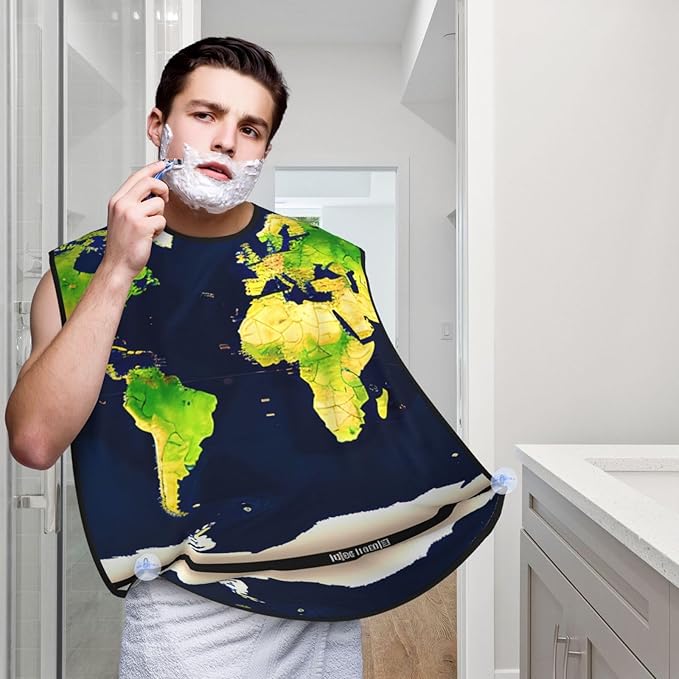 World Map Print Beard Bib Apron For Men, Beard Hair Catcher For Men Shaving Trimming,Beard Cape Cloth