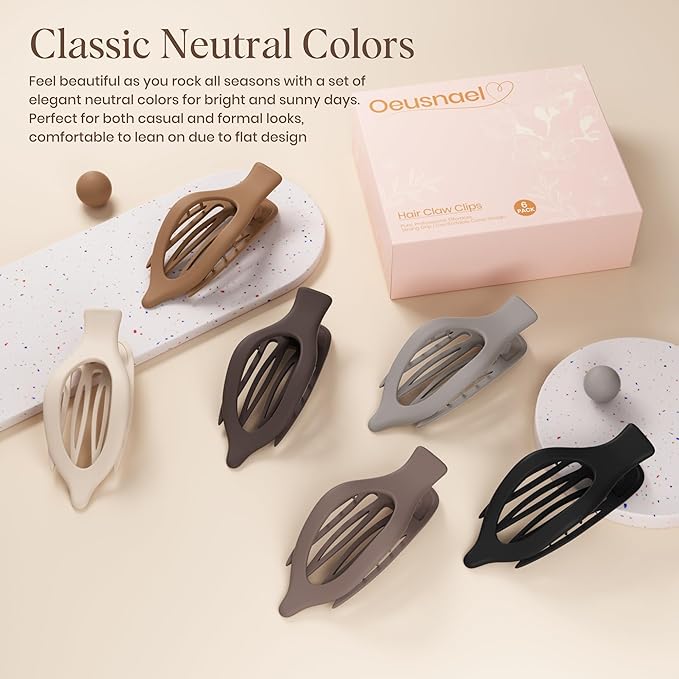 6 PCS Large Flat Hair Clips for Women Girls, French Concord Lay Down Flat Claw Clips for Thick Thin Hair, Comfortable Curved Hair Clip, Matte Non-slip Strong Hold Hair Accessories, Brown
