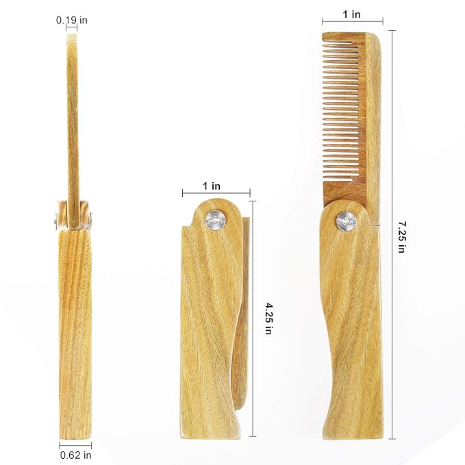 Onedor Handmade 100% Natural Green Sandalwood Fine Tooth Wooden Comb for Men Hair, Beard, and Mustache Styling Pocket Comb With Leather Case (Folding)