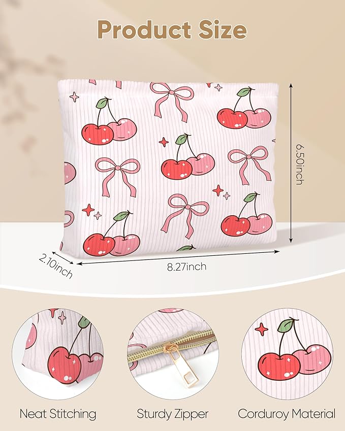 Red Bow Pink Cherry Makeup Pouch for Women Small Make Up Cherries Pattern Bag for Purse Zipper Initial Makeup Cosmetic Bags Pouches for Purse Aesthetic Travel Toiletry Bags Gift
