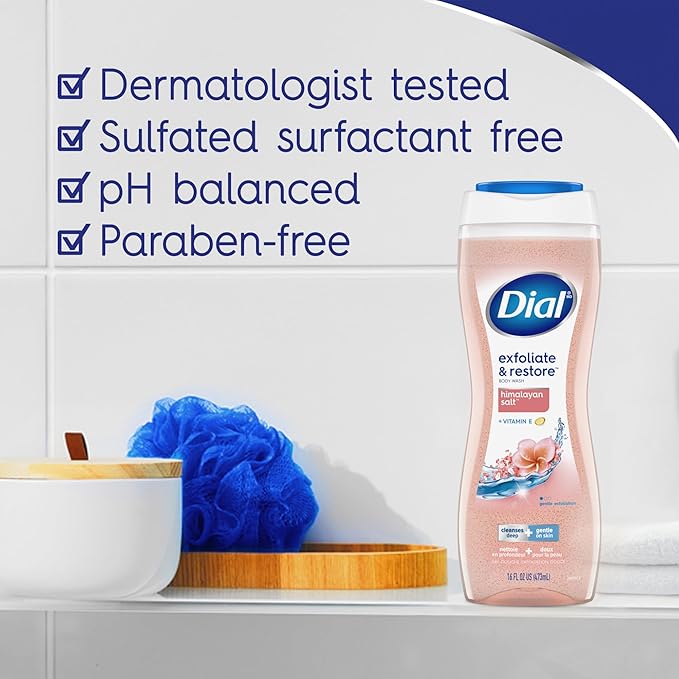 Dial Body Wash, Exfoliate & Restore Himalayan Salt, 16 Fl Oz, Hydraclean Complex & Vitamin E, Gentle, Leaves Skin Feeling Nourished, Dermatologist-Tested, No Parabens & Sulfates,(Pack of 8)