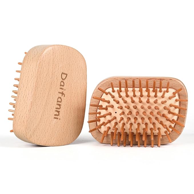 Natural Wooden Hair Brush with Bamboo Pins - No Handle Scalp Massager for Hair Growth & Detangling, Small Mini Portable Hairbrush for All Hair Types, Women Men Travel Gift (Rectangular)