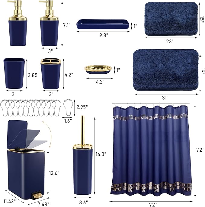 Bathroom Sets with Shower Curtain and Rugs Bathroom Accessories Set Navy Blue Bathroom Set,Soap Dispenser & Toilet Brush Holder Set with Stainless Steel Trash Can