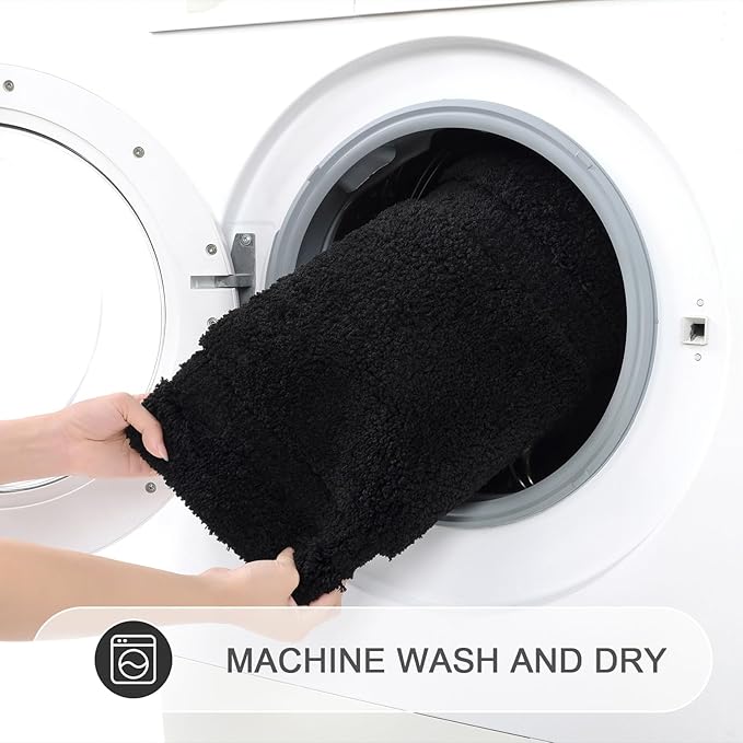SHACOS Super Soft Black Bathroom Runner Rugs Set of 2 Pieces 47x20 + 32x20 inch Non Slip Washable Bath Mats Fluffy Absorbent Bath Rugs for Bathroom Shower Tub