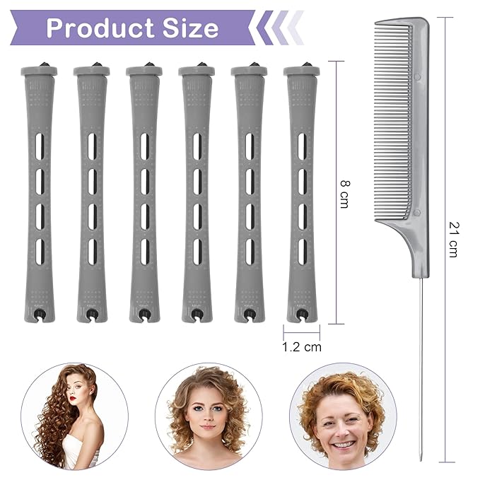 Coolrunner 60PCS Hair Perm Rods Set, Plastic Curler Perm Rods with Steel Pintail Comb, DIY Hair Curler Styling Tools for Hairdressing Hair (0.9cm, Blue, Gray)