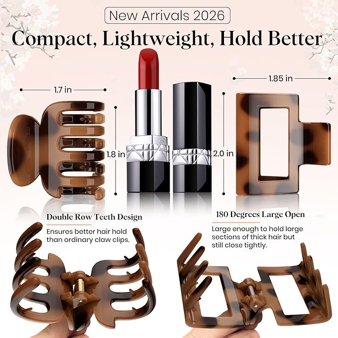 8 PCS Medium Hair Clips for Women Girls - 2 Styles Rectangle Small Claw Clips for Thin Thick Curly Hair, Strong Hold Non-Slip Jaw Clip, Cute & Stylish Leopard Print Hair Accessories, Tortoise