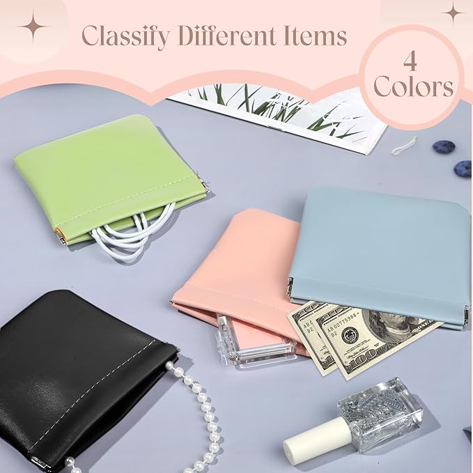 ISKYBOB 4Pcs Small Makeup Bag for Purse, 4.7in Pocket Cosmetic Bag Organizers, Waterproof PU Leather Pouches for Purse, Portable Squeeze Coin Purse for Women Mini Travel Jewelry Storage Pouch (Summer)