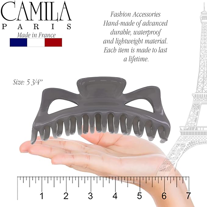 Camila Paris CP3502 French Large Hair Clips for Women Thick Long Curly Wavy Hair, Girls Claw Clip, Durable Styling Big Clip Strong Hold No Slip Grip, Made in France, Gray 6/''