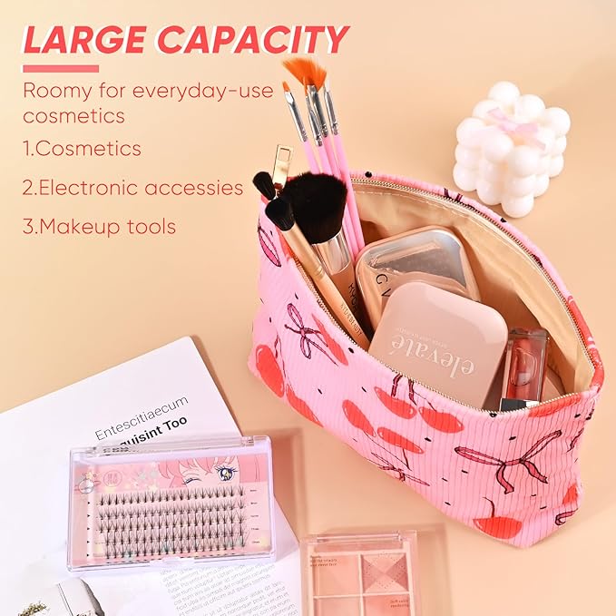 Cute Cherry Makeup Pouch for Women Small Make Up Bag for Purse Zipper Initial Makeup Cosmetic Bags Pouches for Purse Aesthetic Travel Toiletry Bags, Red Cherries Bows