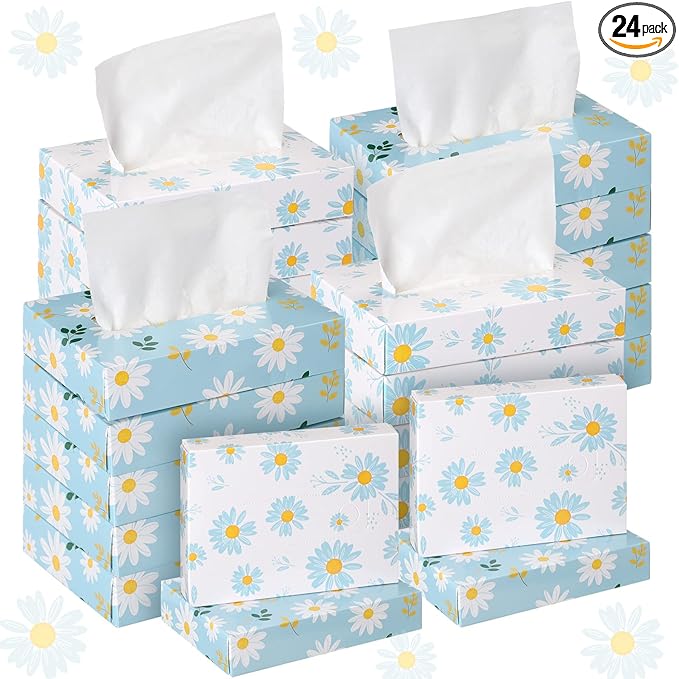 Yinder 24 Packs 960 Sheets Tissue Cube Car Facial Boxes Disposable Facial Travel Tissues Holder Soft Watercolor Boxes 2 Ply 40 Sheets for Wedding Household Car Kitchen Bathroom(Fresh Daisy)