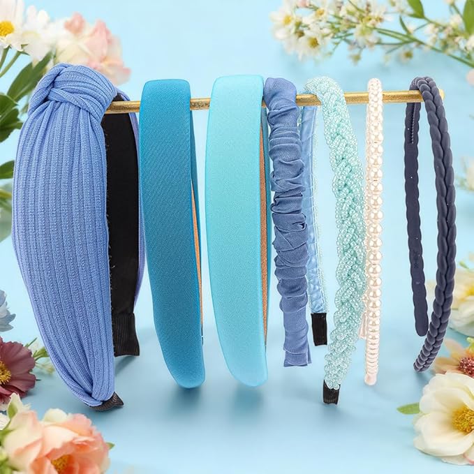 AHONEY 7 Pack Blue Headbands for Girls Women Headbands Trendy Non Slip Hairbands Preppy Hair Accessories Multi-style Headband Pack