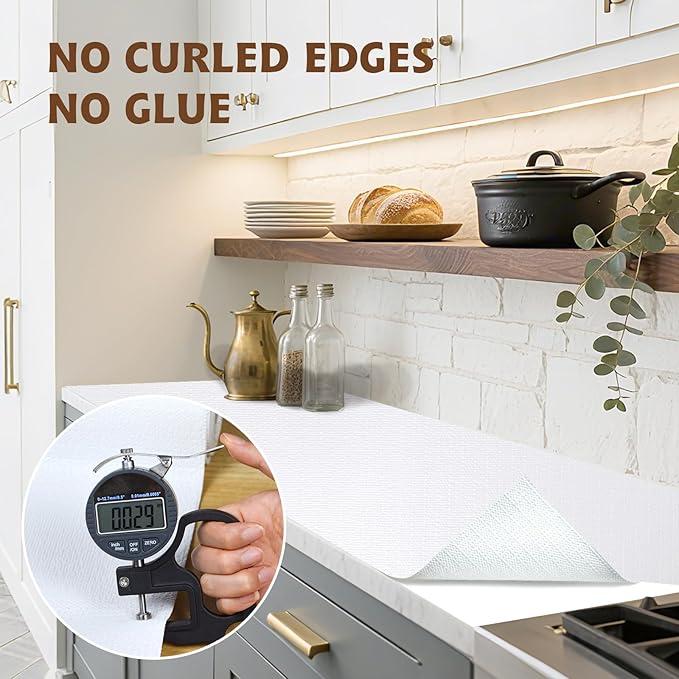 Shelf Liners for Kitchen Cabinets 12in x 20FT, Non Adhesive Drawer Liner Pure White Thickened Shelf Liner Non-Slip Easy to Clean for Tool Box Refrigerator with Knife and Tape Measure