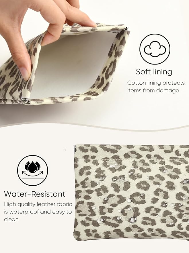 Leopard Leather Small Makeup Pouch for Women,Cosmetic Accessories,Waterproof and Portable Cosmetic Bag,Self-closing, No Zipper, Aesthetic Storage Pouch,Lipstick for Purse,Beige Brown