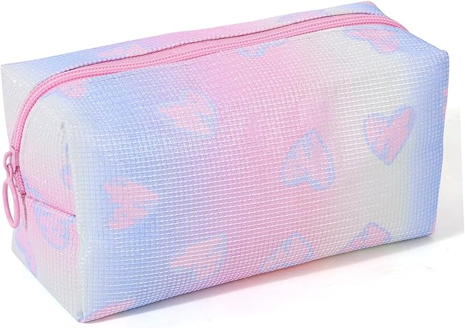 Makeup Bag, Portable Makeup Brush Pouch, Shiny Cool Heart Pattern Makeup Organizer Case for Women, Small
