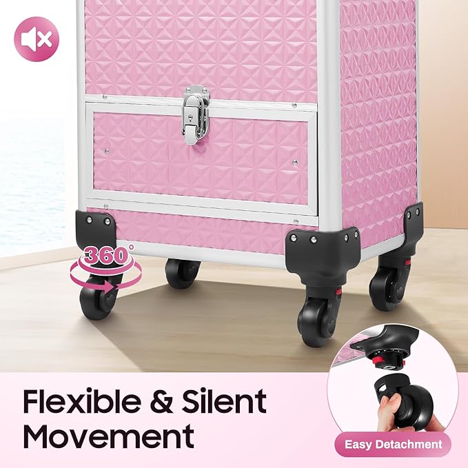 Pink Rolling Makeup Case with 4 Trays and Large Drawer Nail Travel Case on Wheels for Professional Stylists Portable Beauty Organizer