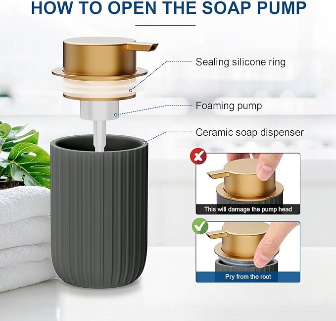 Ceramic Foaming Soap Dispenser, 12 oz Bathroom Foam Hand Soap Dispenser, Refillable Lotion Soap Dispenser with Removable Pump for Kitchen Hand Wash Dispenser, Modern Home Decor (Matte Grey)