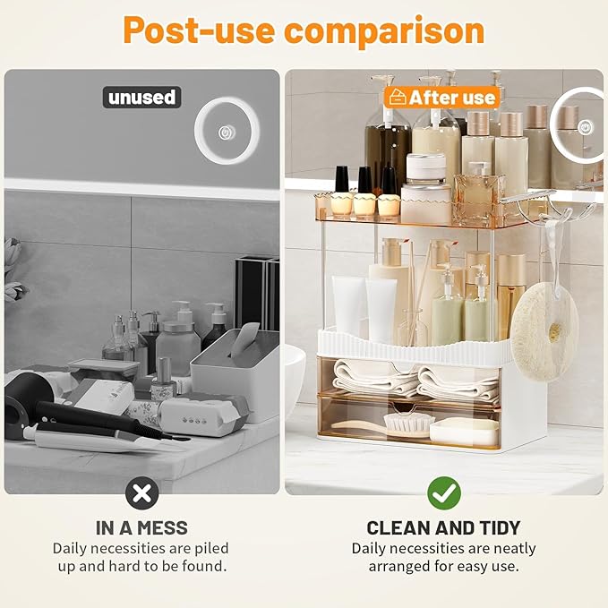 Bathroom Counter Organizer with Hairdryer Holder, 2-Tier 2-Drawer Shower Organizer for Skincare, Makeup Cosmetics, Large Capacity Vanity Organizer, Bathroom Decor, Valentine's Day(Amber)