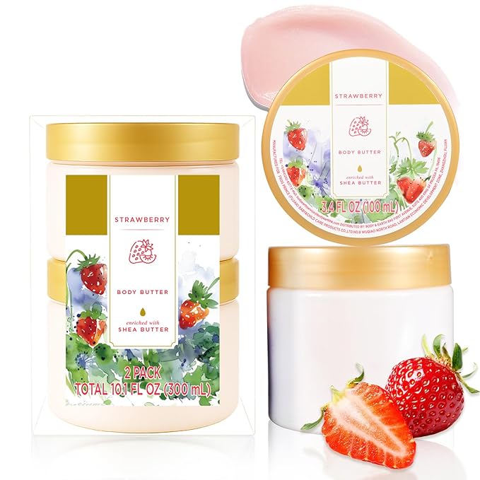Princess Belle Strawberry Body Butter, Shea Body Butter and Body Moisturizer for Dry Skin, Smell Good, Strawberry Gifts for Women-2 Pack (3.4floz + 6.8 floz)