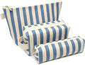 3 Pcs Makeup Bag Set Striped Canvas Purse Cosmetic Bag For Women Travel Toiletry Pouch Organizer pencil case (Blue-White)