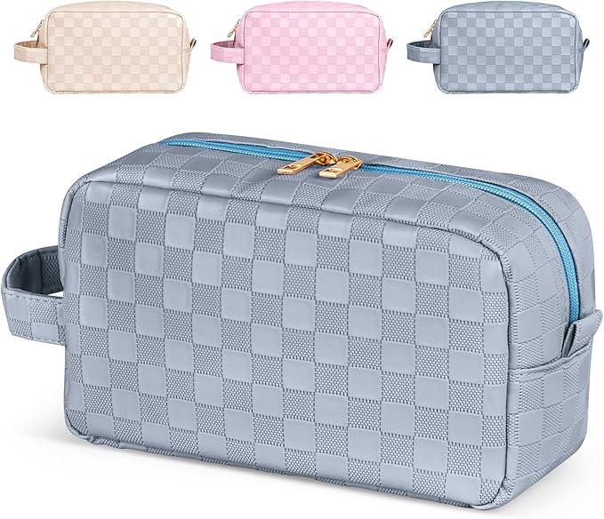 MAGEFY Makeup Bag, Checkered Travel Cosmetic Bag with Handle Leather Makeup Pouches for purse Make Up Bag Cute Makeup Bags for Women,Blue Haze