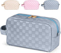 MAGEFY Makeup Bag, Checkered Travel Cosmetic Bag with Handle Leather Makeup Pouches for purse Make Up Bag Cute Makeup Bags for Women,Blue Haze