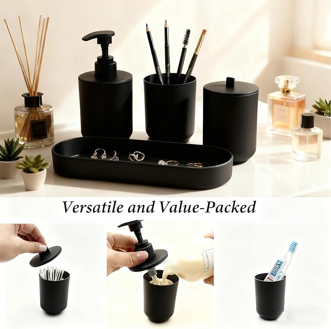 LGURT-4-piece Bathroom Accessories Set, with Toothbrush Holder, Lotion soap Dispenser, Qtip Holder Dispenser and Vanity Tray, Bathroom Counter top Vanity (Matte Black)