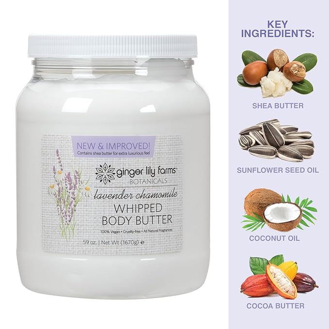 Ginger Lily Farms Botanicals Whipped Body Butter for Dry Skin, Ultra-Hydrating, 100% Vegan & Cruelty-Free, Lavender Chamomile, 59 Ounces