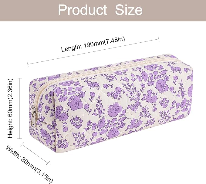 Cute Floral Makeup Brush Bag Small Cotton Quilted Cosmetic Bag for Women Travel Toiletry Zipper Make Up Pouch (Light Purple Floral)