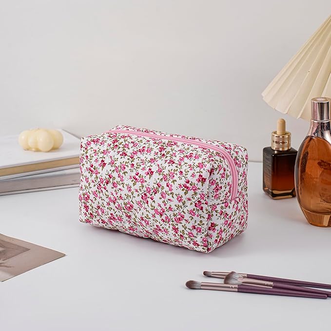 Makeup Bag Travel Cosmetic Bag for Women Girls, Zipper Make Up Pouch, Floral Flowers Toiletry Organizer Makeup, Portable Storage Cosmetic Travel Cloth Bag (Pink+Flower-Pink)