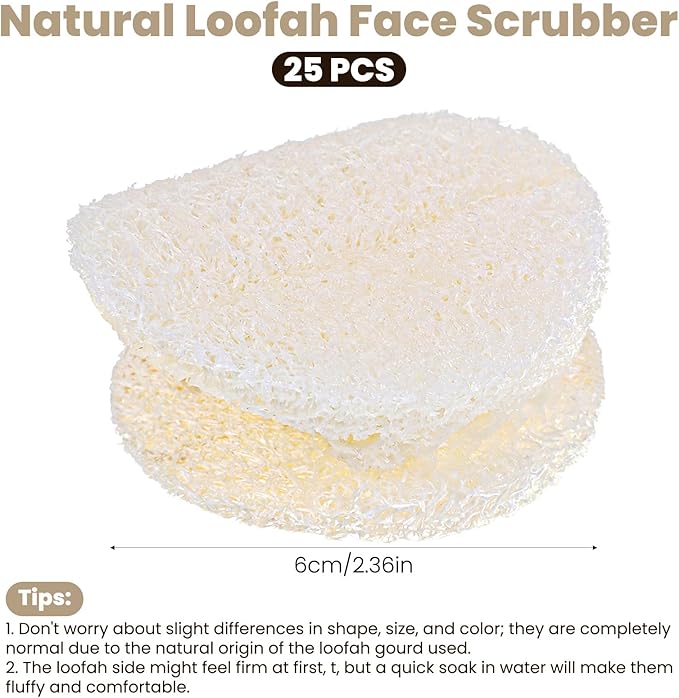 25 PCS Natural Loofah Exfoliating Face Scrub Pads, 2.36in Face Body Scrub Pads, Loofa Sponges Facial Exfoliating Pads for Makeup & Dead Skin Removal, Cleansing Skin for Women and Men