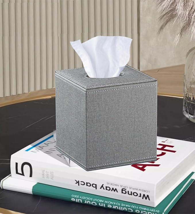 Leather Tissue Box Cover Square,Decorative Cube Tissue Box Holder with Magnetic Bottom,Facial Paper Organizer Table Napkin Case Dispenser for Bathroom NightStand Coffee Car Home Office,Grey