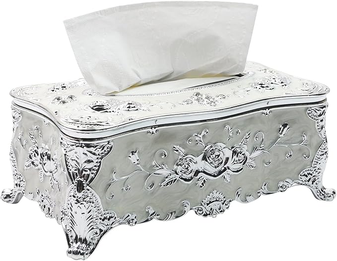 Geesatis Tissue Box Cover, Rectangle Tissue Box Holder, Rectangular Napkin Facial Tissues Holder for Bathroom Toilet Bedroom Living Room Table Desk Office Dresser, 1 Pcs Silver 9''x5''x3.7''