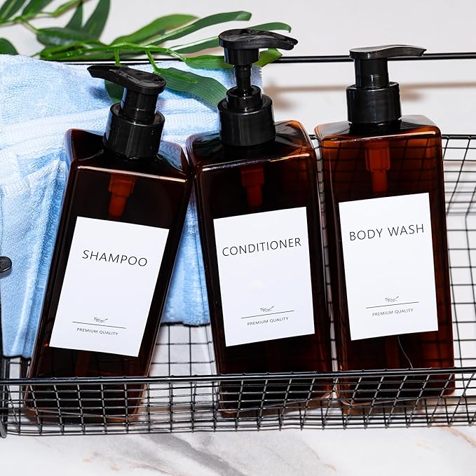 Shampoo and Conditioner Dispenser Set, 3Pack Refillable Shampoo and Conditioner Bottles with Labels, 500ml Soap Dispenser 16.9oz Shower Dispenser Square Pump Bottle for Bathroom and Kitchen - Amber