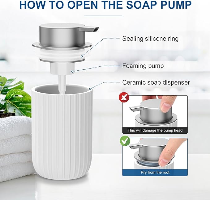 Ceramic Foaming Soap Dispenser, 12 oz Bathroom Foam Hand Soap Dispenser, Refillable Lotion Soap Dispenser with Removable Pump for Kitchen Hand Wash Dispenser, Modern Home Decor(2Pack-White)