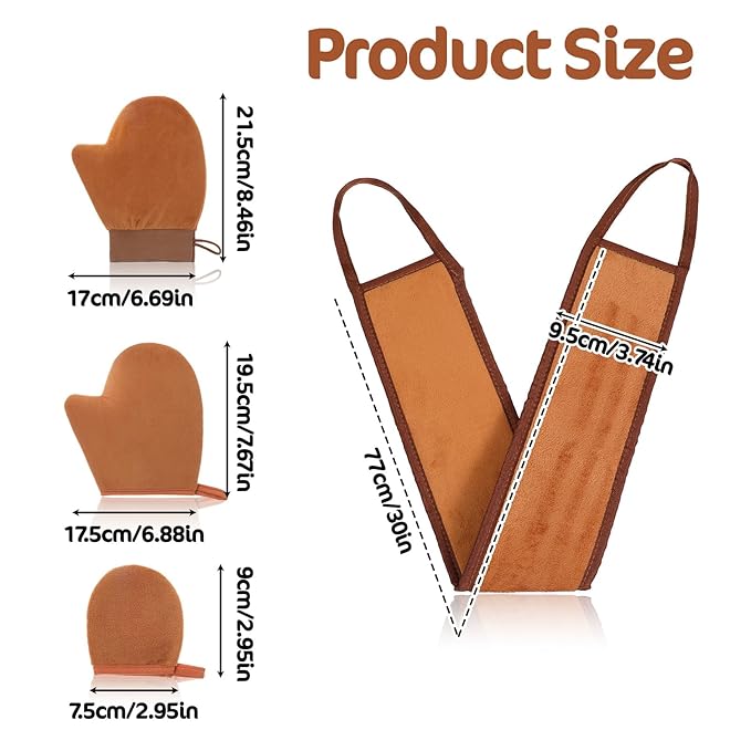 TIESOME 4 Pcs Self Tanning Mitt Applicator Kit, 4 in 1 Reusable Tanning Glove Accessories with Back Lotion Applicators for Your Back for Face Body Streak Free Tan Mitt (brown)