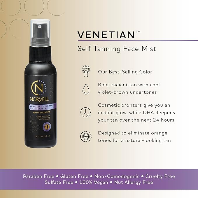 Norvell Venetian Sunless Self Tanner Mist for Face 2 fl oz – Non Comedogenic Facial Bronzing Self Tanning Spray for Natural Fake Tan Sun Kissed Glow, Streak Free, Long Lasting Color
