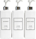 Shampoo and Conditioner Dispenser - Modern Design Large 27oz Shower Soap Dispenser Set of 3, Refillable Empty Plastic Pump Bottles for Bathroom, 6 Waterproof Labels Included, White & Silver