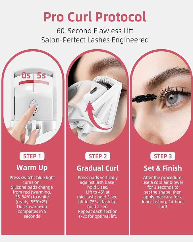 Heated Eyelash Curler, 5s Fast Heating Electric Eyelash Curler, Safe Anti-Burn Eyelash Curlers with Silicone Pad, Type-C Quick Charge, Intelligent Temp Control, 24H Long-Lasting Curls (White)