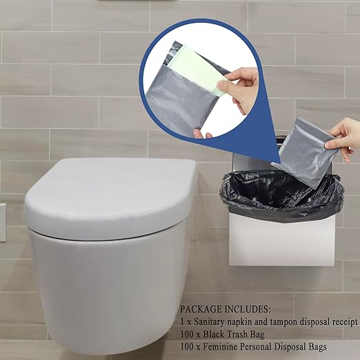 Sanitary Napkin Receptacle with Hygiene Disposal Bags and Trash Bag, 9.4x7.8x3.5 inches Stainless Steel Wall Mounted Feminine Hygiene Bin for Bathroom, Office (Silver)