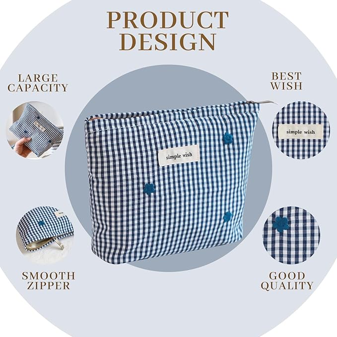 Wudygirl Checkered Makeup Bag Travel Cosmetic Bag for Women Small Makeup Pouch Zipper Cosmetic Pouch Handbag Aesthetic (Navy Checkered)