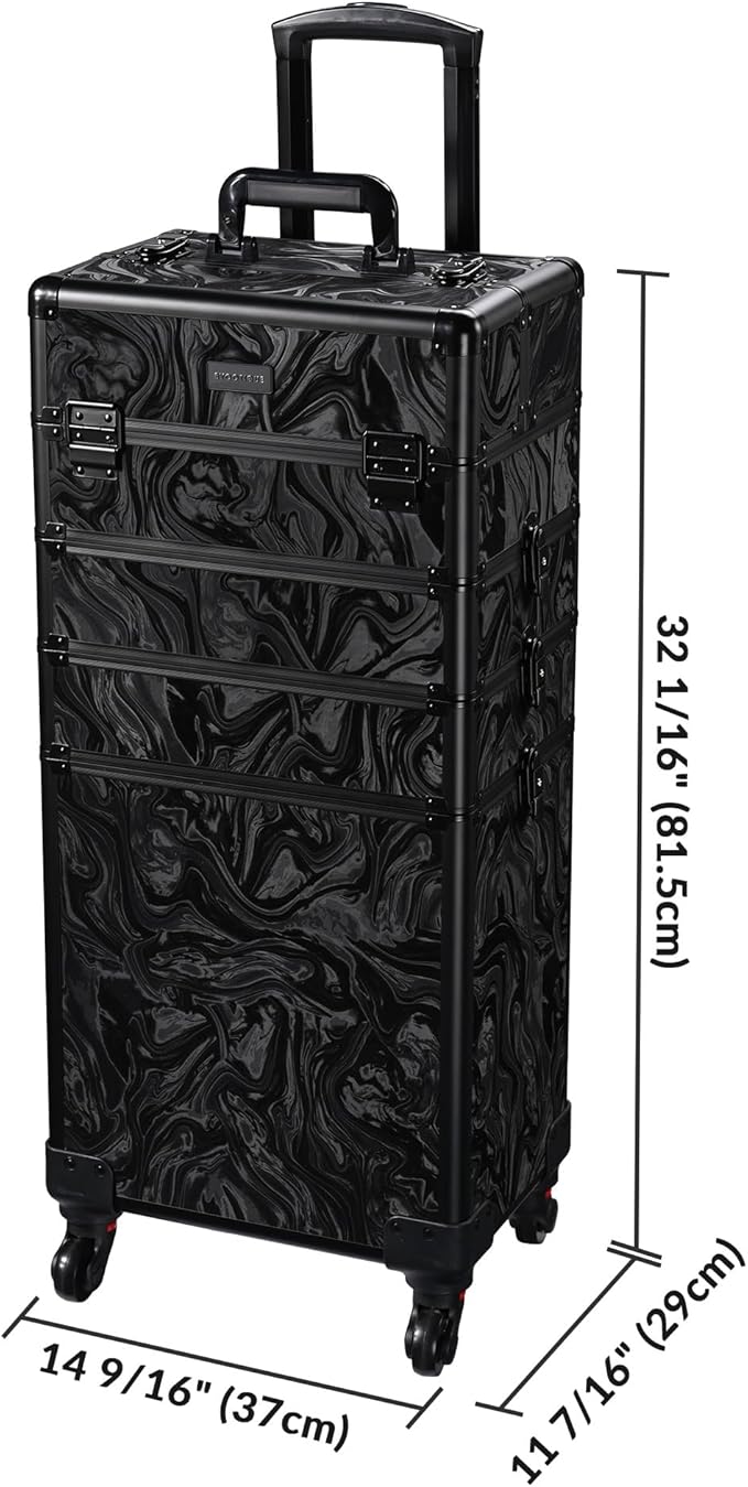 BYOOTIQUE Rolling Makeup Train Case on Wheels 3-Piece Cosmetology Organizer Kit Trolley Organizer Lockable Salon Hairstylist Traveling Cart bag for Nail Slon Esthetician,CTB Black